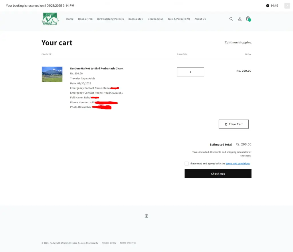 Cart screen showing trek and participant information